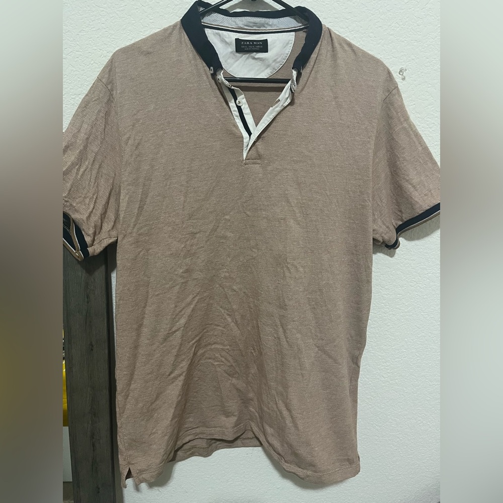 Zara Men's Polo Shirt in Tan with Black Accents